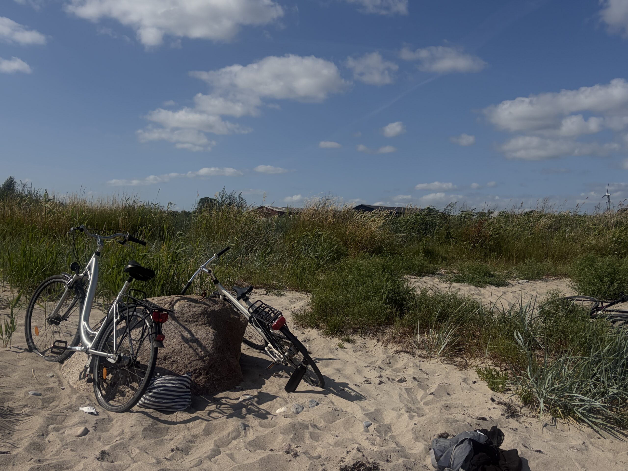 A group of volunteers sitting together on the beach with games and blankets