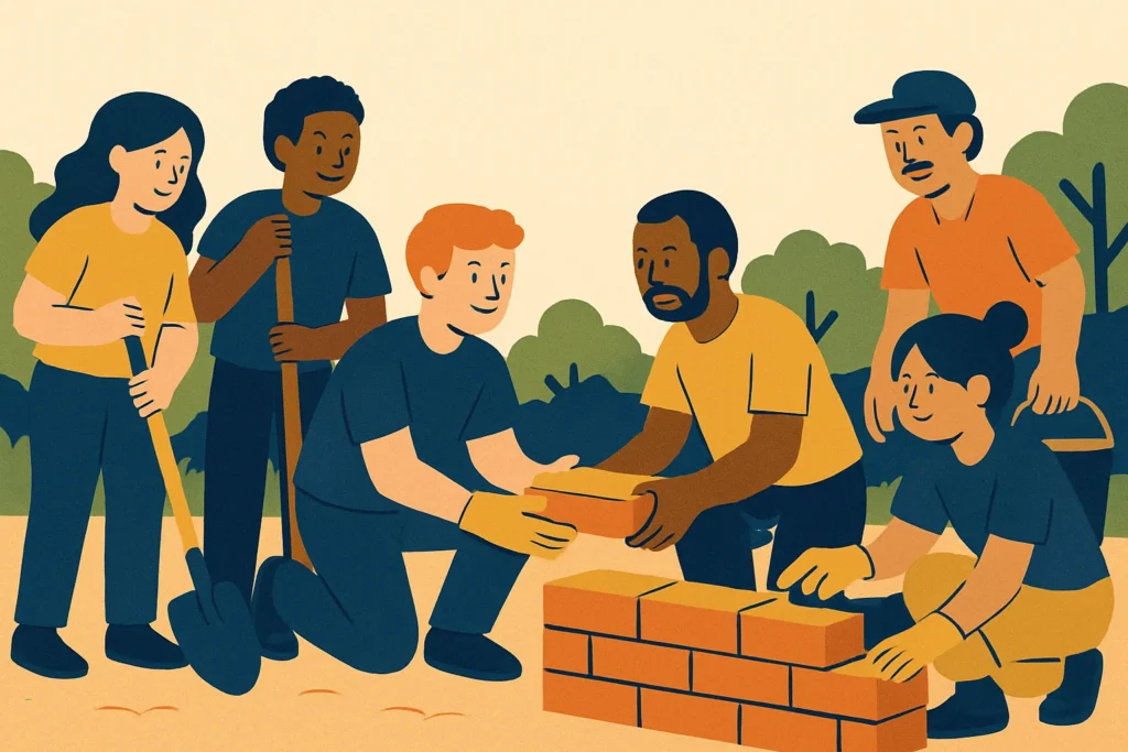 International volunteers collaborating on a hands-on community project outdoors