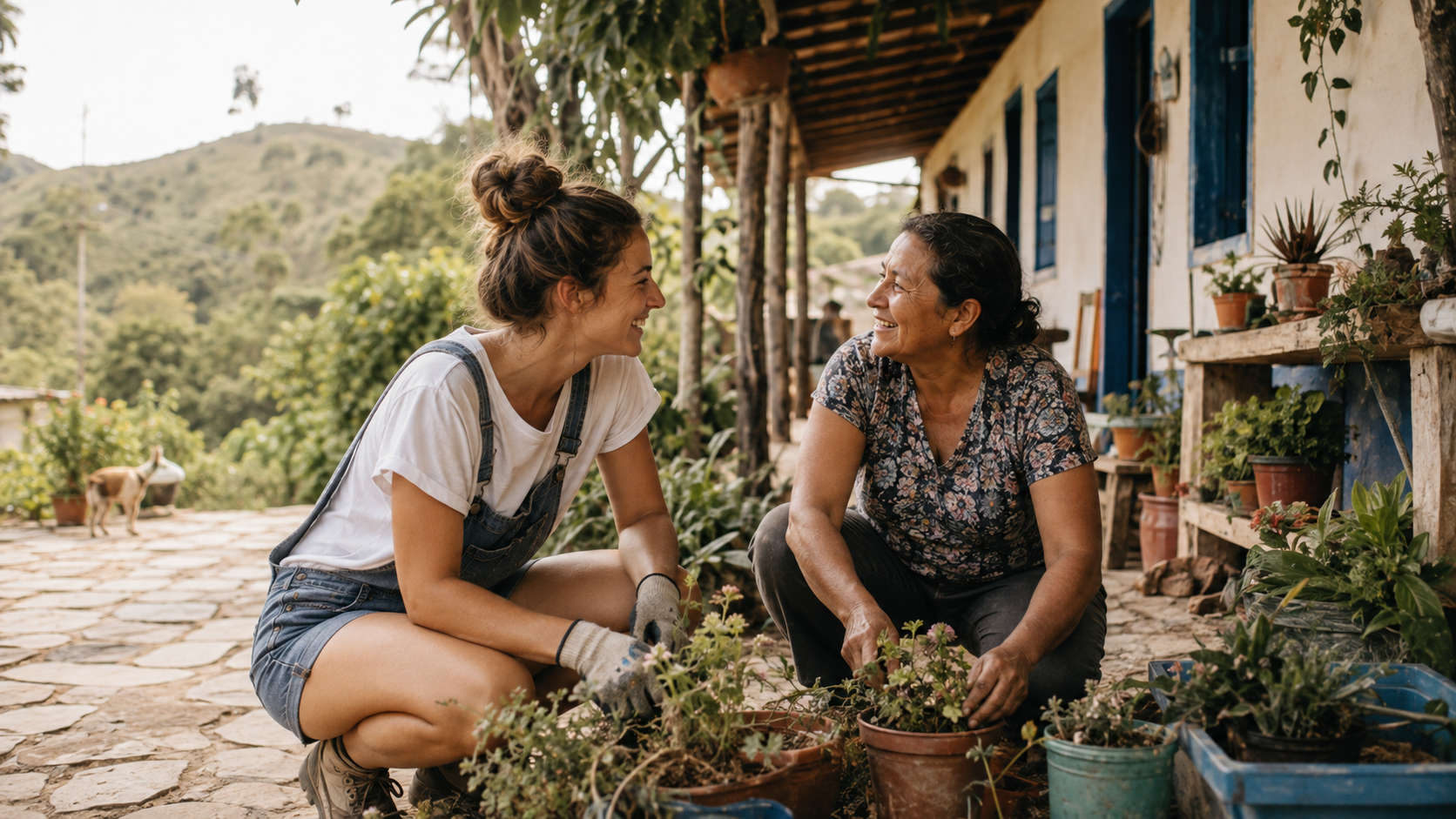 Workaway is built around direct host exchanges, everyday participation, and cultural immersion rather than a fixed volunteer curriculum. Traveller helping a host with a practical everyday task such as gardening or preparing a shared space, followed by relaxed conversation or a meal in a local home setting