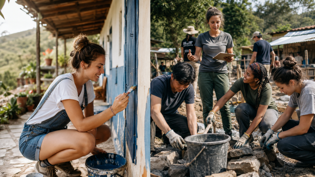 Split scene showing a traveller in an informal host-based cultural exchange on one side and a supported volunteer team working together on a community project on the other